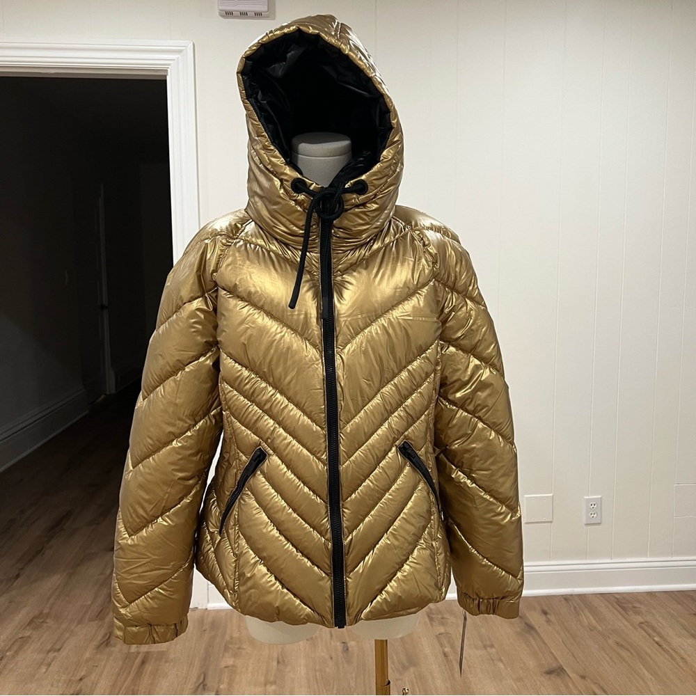GUESS Metallic Gold Quilted Hooded Puffer Coat Women XXL/2X Zip NWT - Picture 2 of 16